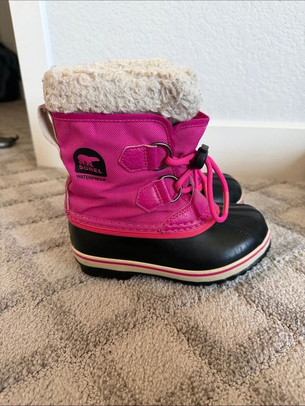 Sorel Pink and Black Kids Waterproof Snow Boots with Faux Fur Cuff
